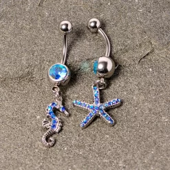 Gaby Blue Gem Starfish Seahorse Nautical Dangle Belly Ring Set Of 2 -Body Jewelry Store 68000.otherimage1
