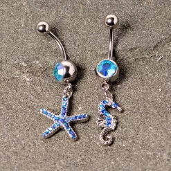Gaby Blue Gem Starfish Seahorse Nautical Dangle Belly Ring Set Of 2 -Body Jewelry Store 68000.otherimage2