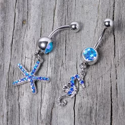 Gaby Blue Gem Starfish Seahorse Nautical Dangle Belly Ring Set Of 2 -Body Jewelry Store 68000.otherimage3