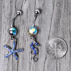 Gaby Blue Gem Starfish Seahorse Nautical Dangle Belly Ring Set Of 2 -Body Jewelry Store 68000.otherimage4