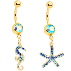 Gaby Blue Gem Gold Tone Starfish Seahorse Nautical Belly Ring Set Of 2