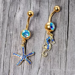Gaby Blue Gem Gold Tone Starfish Seahorse Nautical Belly Ring Set Of 2 -Body Jewelry Store 68001.otherimage2