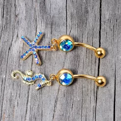 Gaby Blue Gem Gold Tone Starfish Seahorse Nautical Belly Ring Set Of 2 -Body Jewelry Store 68001.otherimage3