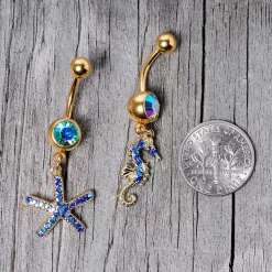 Gaby Blue Gem Gold Tone Starfish Seahorse Nautical Belly Ring Set Of 2 -Body Jewelry Store 68001.otherimage4