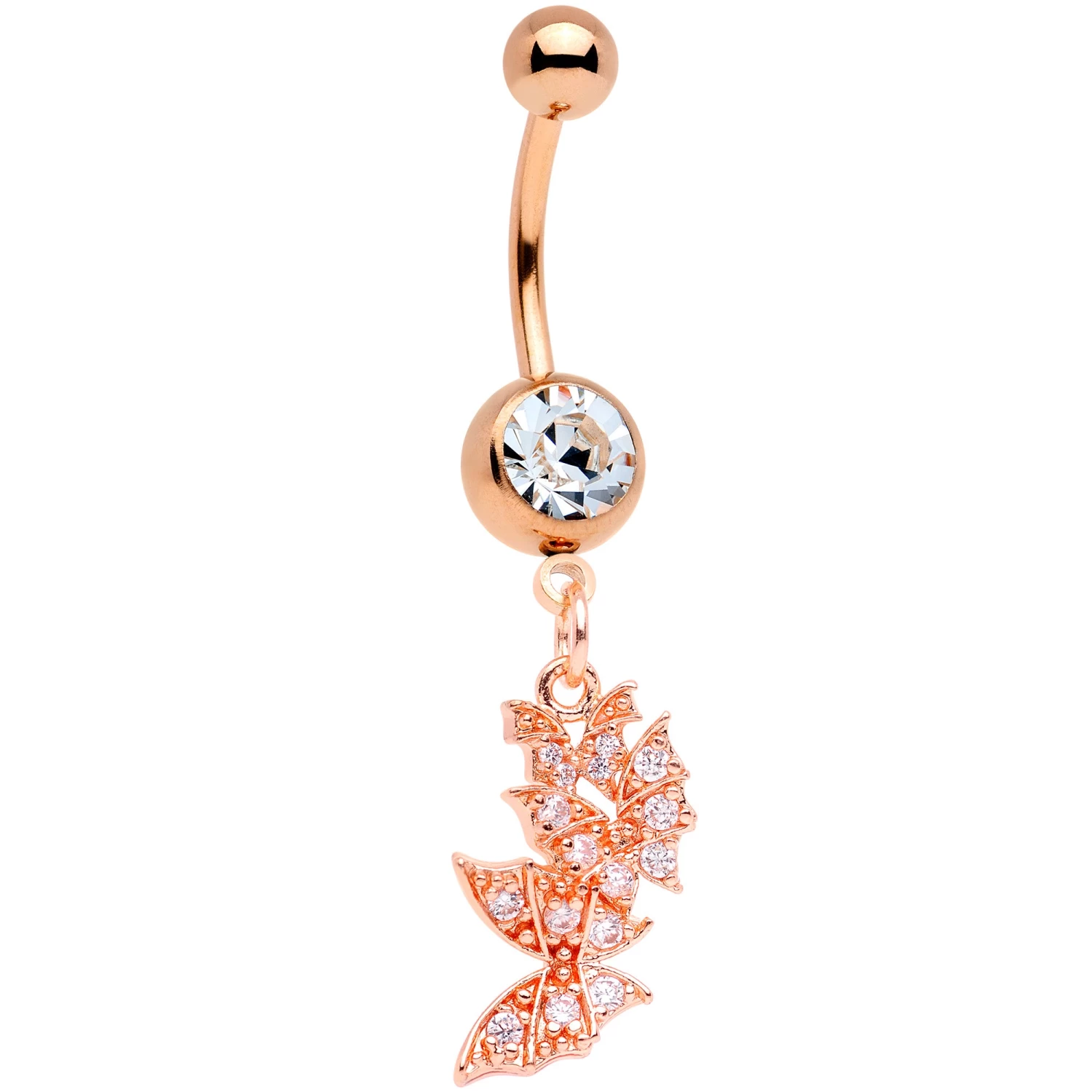 Clear CZ Gem Rose Gold Tone Trio Butterfly Dangle Belly Ring 1 Clear CZ Gem Rose Gold Tone Trio Butterfly Dangle Belly Ring