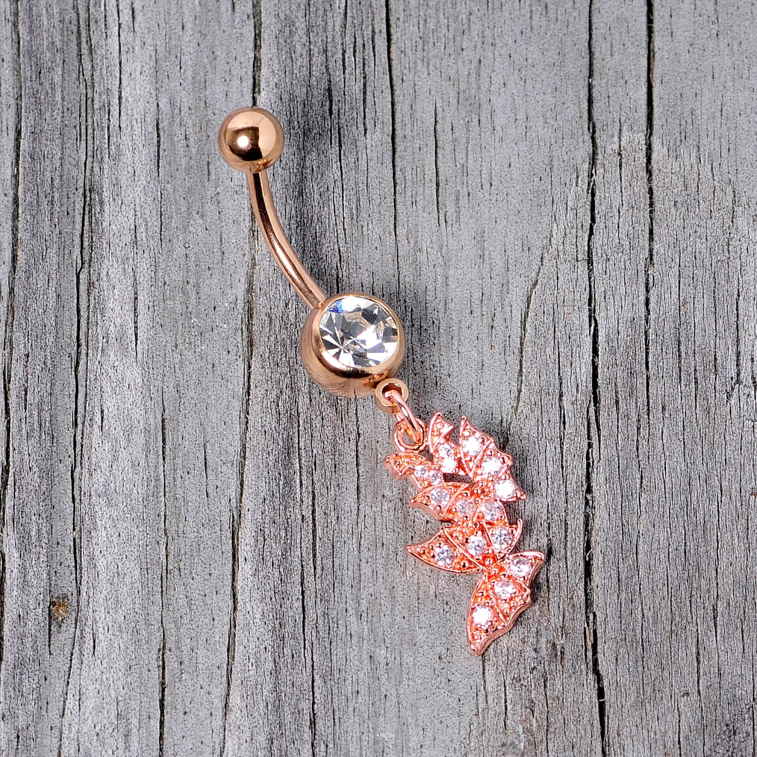 Clear CZ Gem Rose Gold Tone Trio Butterfly Dangle Belly Ring 4 Clear CZ Gem Rose Gold Tone Trio Butterfly Dangle Belly Ring - Image 4