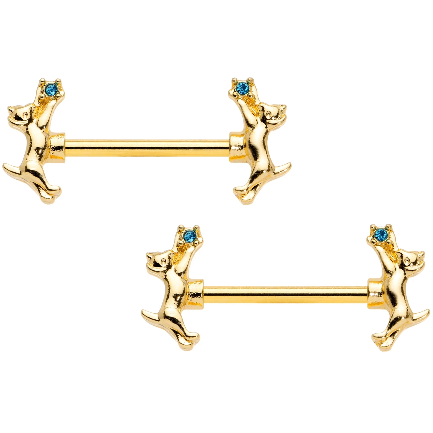 14 Gauge 9/16 Blue Gem Gold Tone Leaping Cat Barbell Nipple Ring Set 1 14 Gauge 9/16 Blue Gem Gold Tone Leaping Cat Barbell Nipple Ring Set