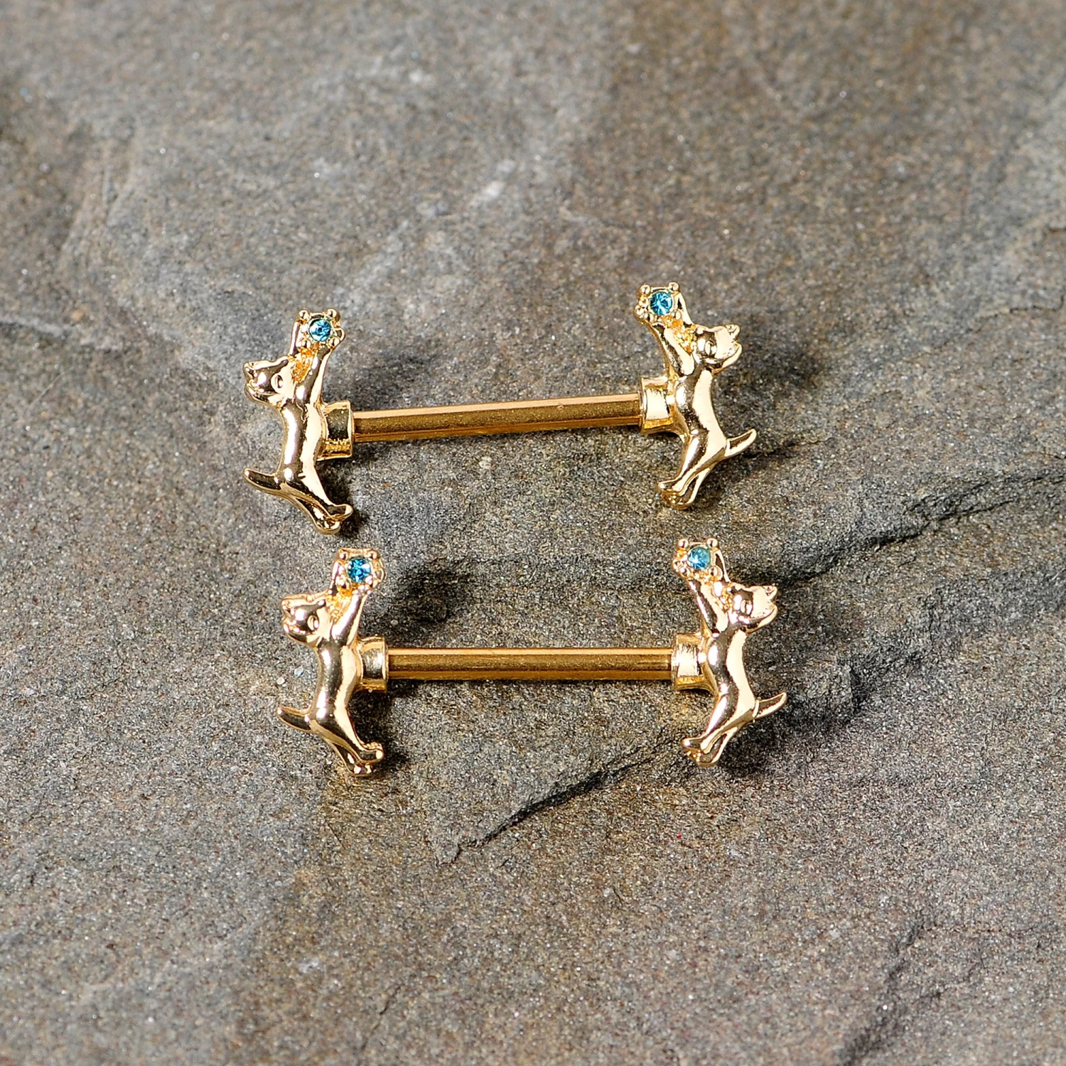 14 Gauge 9/16 Blue Gem Gold Tone Leaping Cat Barbell Nipple Ring Set 2 14 Gauge 9/16 Blue Gem Gold Tone Leaping Cat Barbell Nipple Ring Set - Image 2