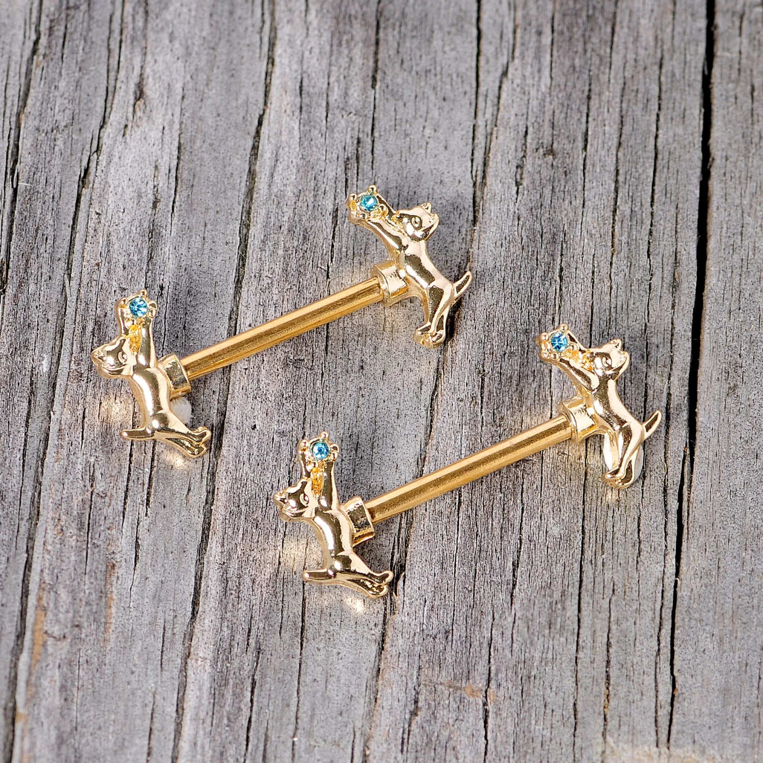 14 Gauge 9/16 Blue Gem Gold Tone Leaping Cat Barbell Nipple Ring Set 3 14 Gauge 9/16 Blue Gem Gold Tone Leaping Cat Barbell Nipple Ring Set - Image 3