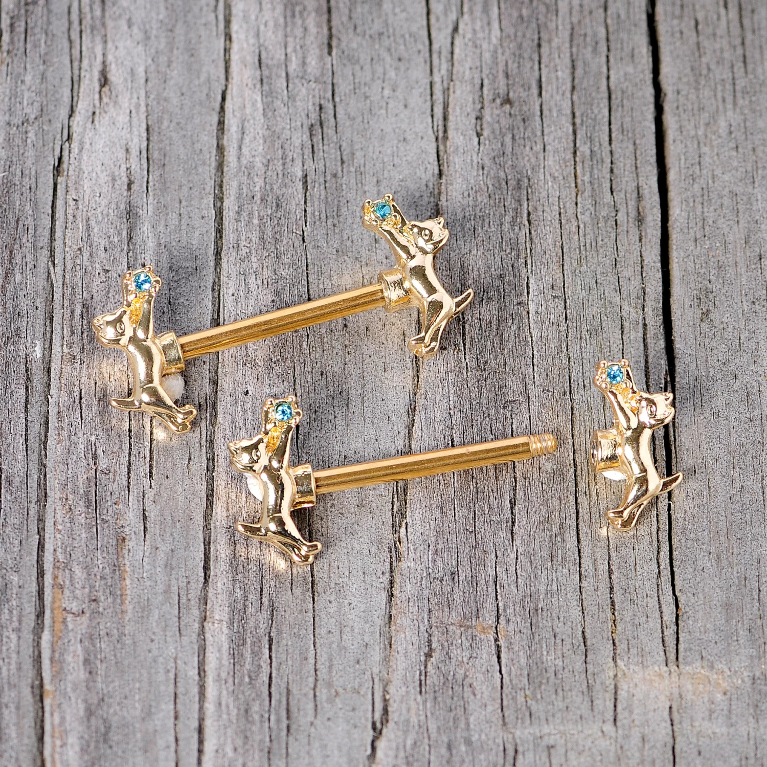 14 Gauge 9/16 Blue Gem Gold Tone Leaping Cat Barbell Nipple Ring Set 4 14 Gauge 9/16 Blue Gem Gold Tone Leaping Cat Barbell Nipple Ring Set - Image 4