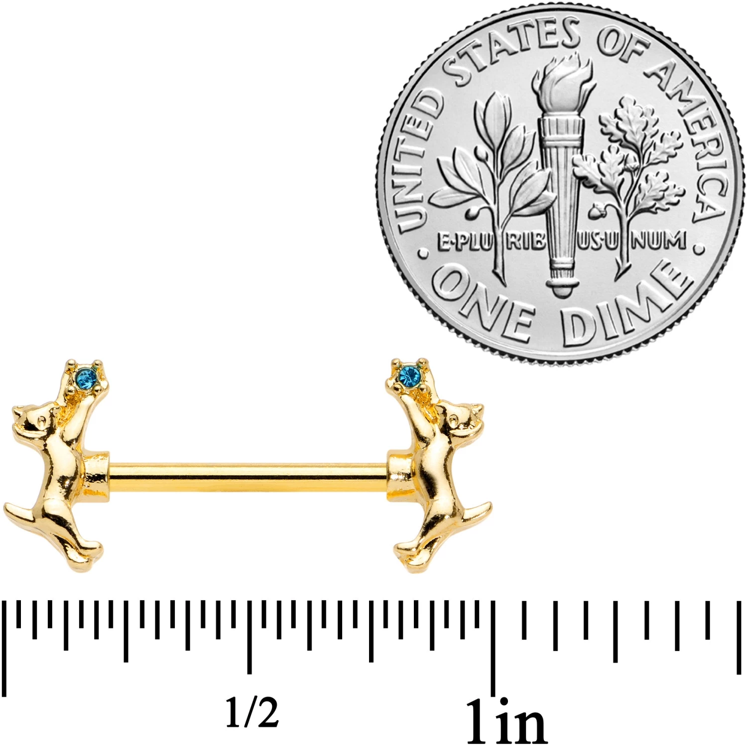 14 Gauge 9/16 Blue Gem Gold Tone Leaping Cat Barbell Nipple Ring Set 5 14 Gauge 9/16 Blue Gem Gold Tone Leaping Cat Barbell Nipple Ring Set - Image 5