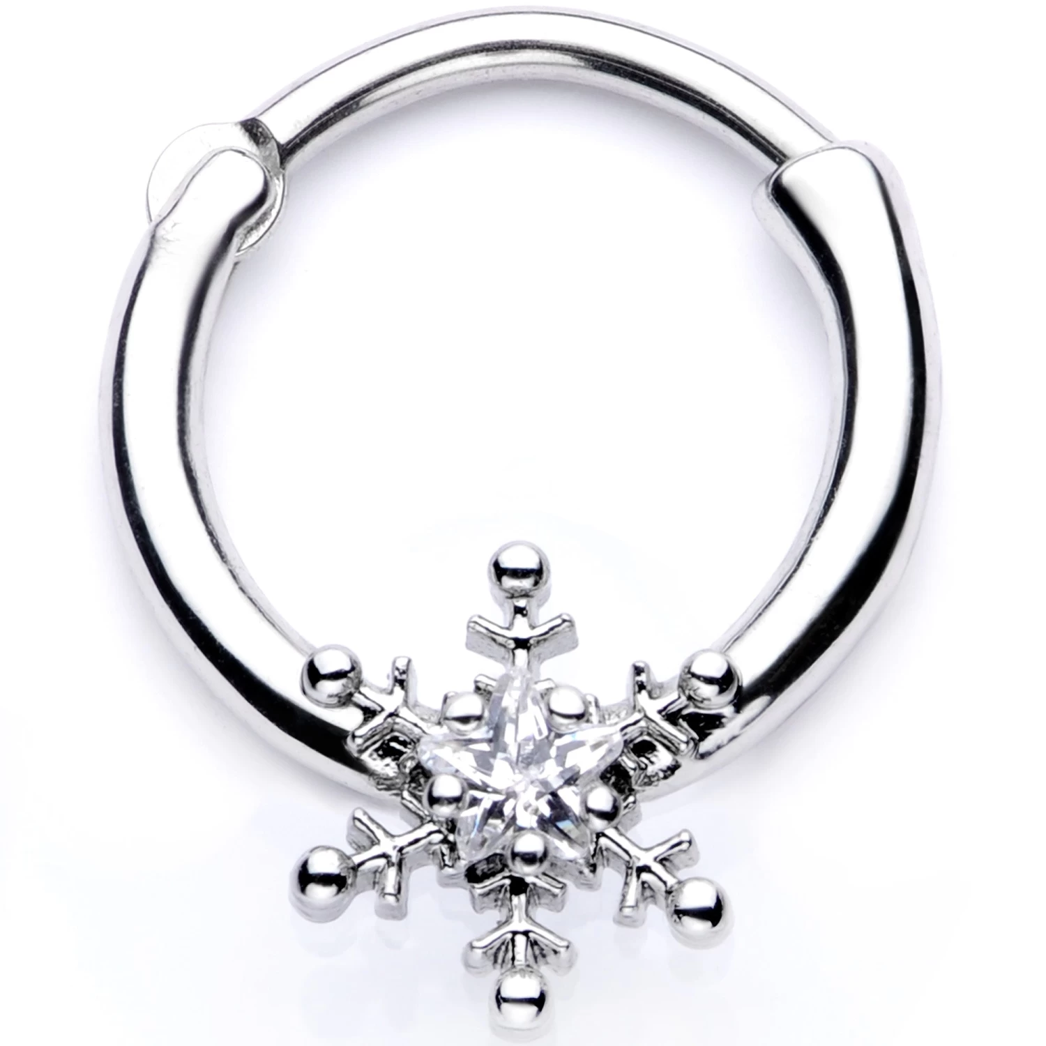 16 Gauge 3/8 Clear Gem Holiday Snowflake Septum Clicker 1 16 Gauge 3/8 Clear Gem Holiday Snowflake Septum Clicker
