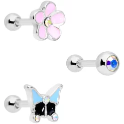 Gaby 16 Gauge 1/4 Aurora Gem Flower Cartilage Tragus Set Of 3