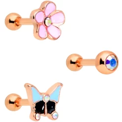 Gaby 16 Gauge 1/4 Aurora Gem Rose Gold Tone Flower Cartilage Tragus Set Of 3