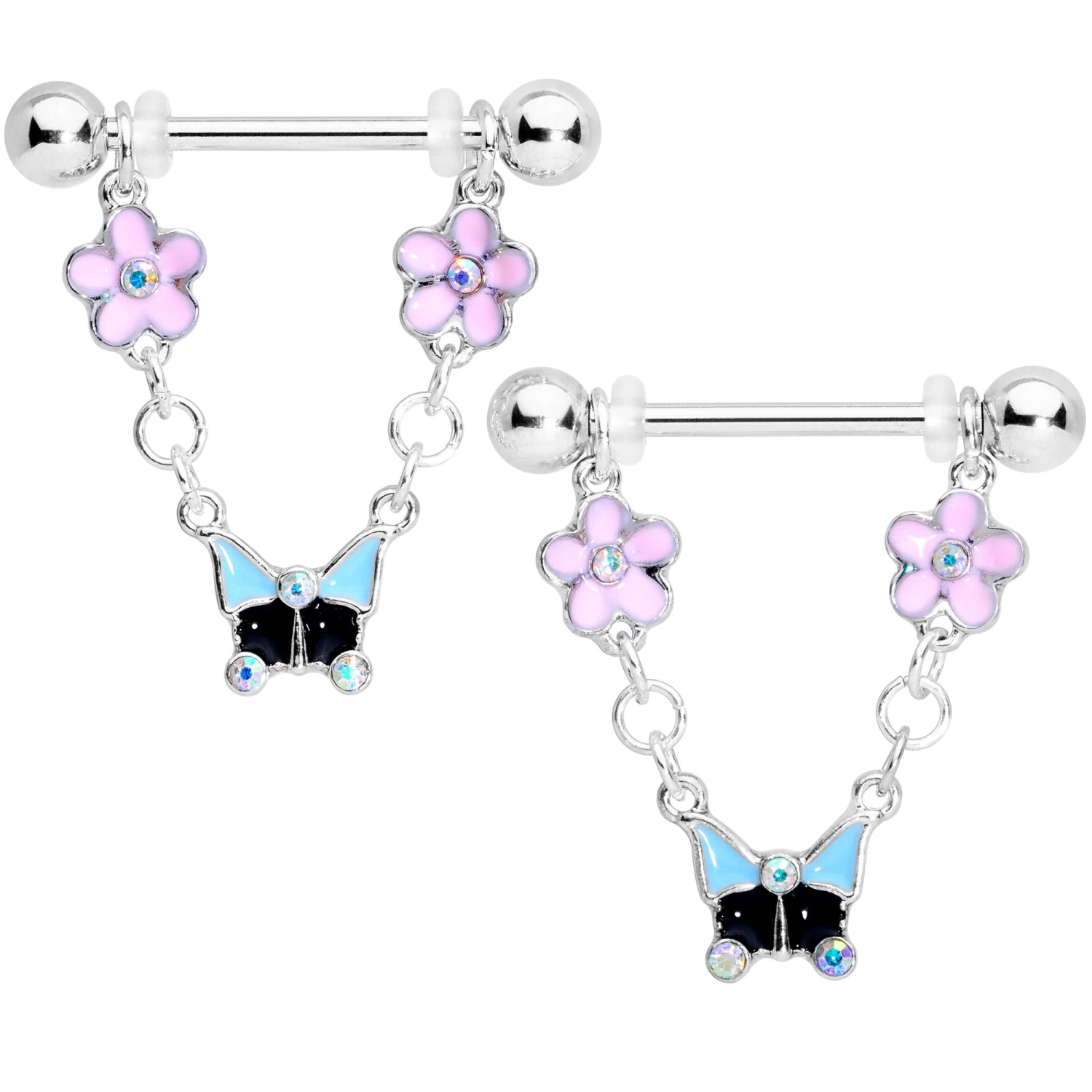 Gaby 14 Gauge 5/8 Aurora Gem Flower Dangle Nipple Ring Set 1 Gaby 14 Gauge 5/8 Aurora Gem Flower Dangle Nipple Ring Set