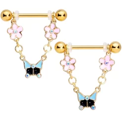 Gaby 14 Gauge 5/8 Aurora Gem Gold Tone Flower Dangle Nipple Ring Set