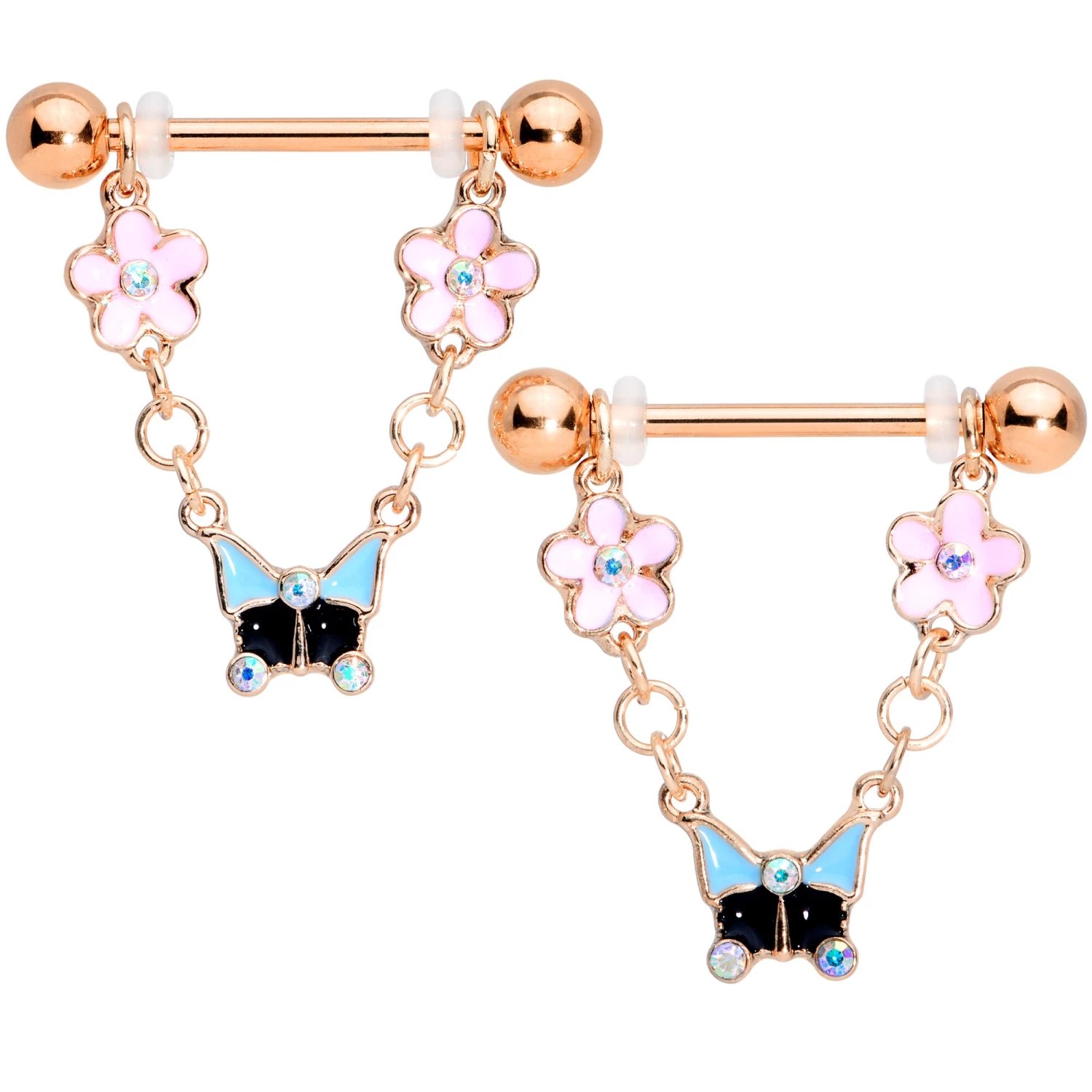 Gaby 14 Gauge 5/8 Aurora Gem Rose Gold Tone Flower Dangle Nipple Ring Set 1 Gaby 14 Gauge 5/8 Aurora Gem Rose Gold Tone Flower Dangle Nipple Ring Set