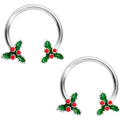 Gaby 14 Gauge 9/16 Holly Christmas Horseshoe Nipple Ring Set