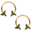 Gaby 14 Gauge 9/16 Gold Tone Holly Christmas Horseshoe Nipple Ring Set