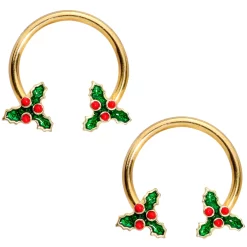 Gaby 14 Gauge 9/16 Gold Tone Holly Christmas Horseshoe Nipple Ring Set