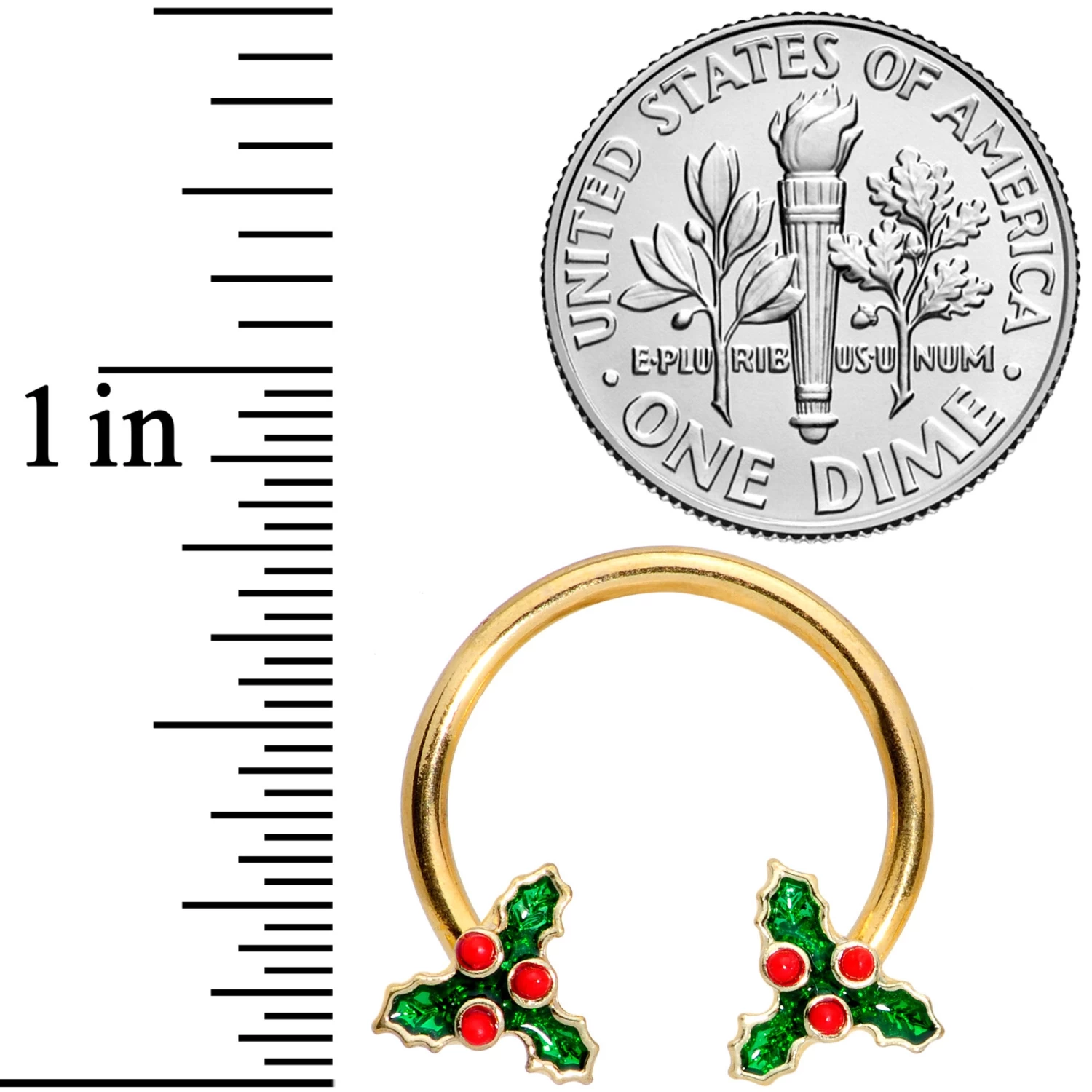 Gaby 14 Gauge 9/16 Gold Tone Holly Christmas Horseshoe Nipple Ring Set 2 Gaby 14 Gauge 9/16 Gold Tone Holly Christmas Horseshoe Nipple Ring Set - Image 2