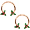 Gaby 14 Gauge 9/16 Rose Gold Tone Holly Christmas Horseshoe Nipple Ring Set