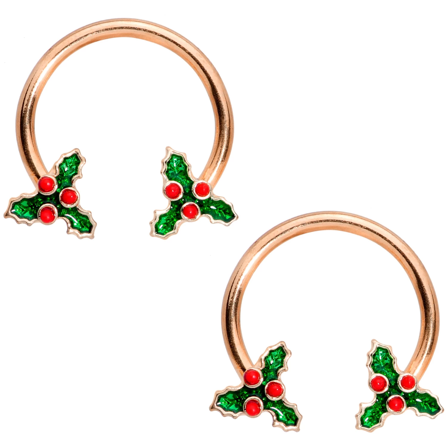 Gaby 14 Gauge 9/16 Rose Gold Tone Holly Christmas Horseshoe Nipple Ring Set 1 Gaby 14 Gauge 9/16 Rose Gold Tone Holly Christmas Horseshoe Nipple Ring Set