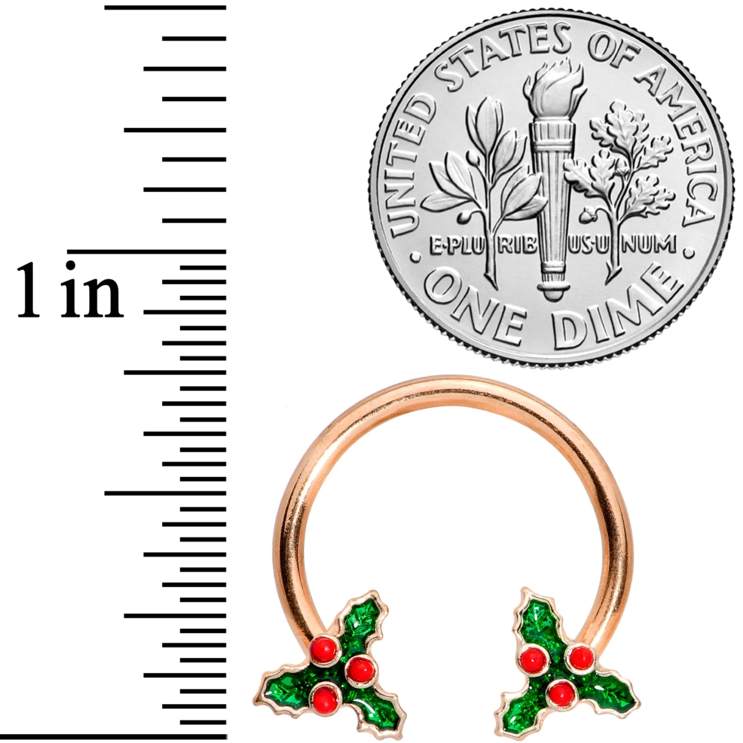 Gaby 14 Gauge 9/16 Rose Gold Tone Holly Christmas Horseshoe Nipple Ring Set 2 Gaby 14 Gauge 9/16 Rose Gold Tone Holly Christmas Horseshoe Nipple Ring Set - Image 2