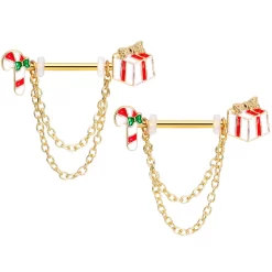 Gaby 14 Gauge 5/8 Gold Tone Candy Cane Gift Holiday Dangle Nipple Ring Set