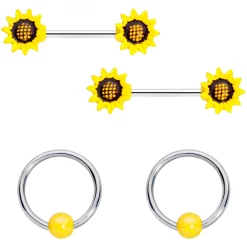 Gaby 14 Gauge 9/16 1/2 Yellow Sunflower UV BCR Barbell Nipple Ring Set Of 4
