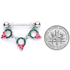 14 Gauge 5/8 Holiday Wreath Christmas Chain Dangle Nipple Ring Set -Body Jewelry Store 68160.otherimage4