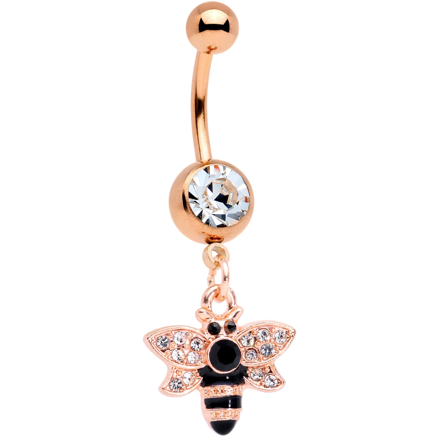 Black Clear Gem Rose Gold Tone Bee Dangle Belly Ring 1 Black Clear Gem Rose Gold Tone Bee Dangle Belly Ring
