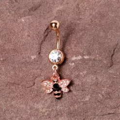 Black Clear Gem Rose Gold Tone Bee Dangle Belly Ring 12 Black Clear Gem Rose Gold Tone Bee Dangle Belly Ring -Body Jewelry Store 68165.otherimage1