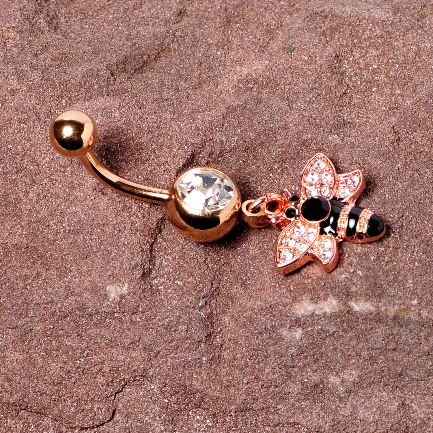 Black Clear Gem Rose Gold Tone Bee Dangle Belly Ring 6 Black Clear Gem Rose Gold Tone Bee Dangle Belly Ring - Image 6