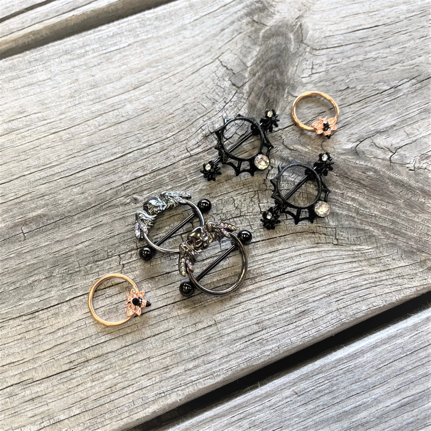 Gaby 14 Gauge 7/8 Clear Gem Black Winged Skull Halloween Nipple Shield Set 2 Gaby 14 Gauge 7/8 Clear Gem Black Winged Skull Halloween Nipple Shield Set - Image 2