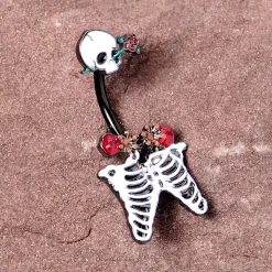 Black Skeleton Skull Rose Halloween Double Mount Belly Ring -Body Jewelry Store 68200.otherimage1