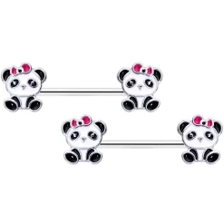 14 Gauge 9/16 Black White Precious Panda Barbell Nipple Ring Set