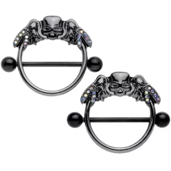 Gaby 14 Gauge 7/8 Aurora Gem Black Winged Skull Halloween Nipple Shield Set