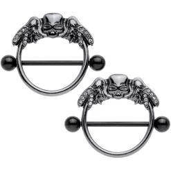 Gaby 14 Gauge 7/8 Clear Gem Black Winged Skull Halloween Nipple Shield Set