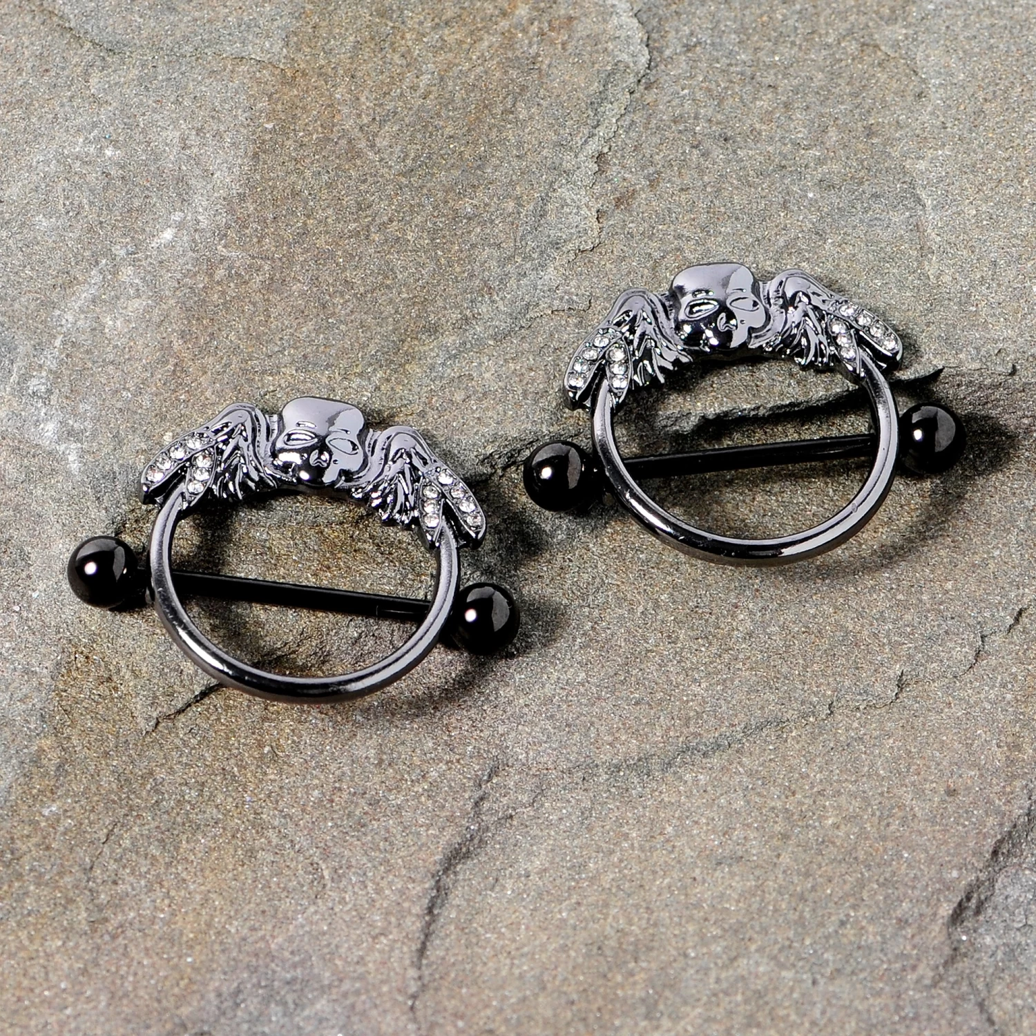 Gaby 14 Gauge 7/8 Clear Gem Black Winged Skull Halloween Nipple Shield Set 3 Gaby 14 Gauge 7/8 Clear Gem Black Winged Skull Halloween Nipple Shield Set - Image 3