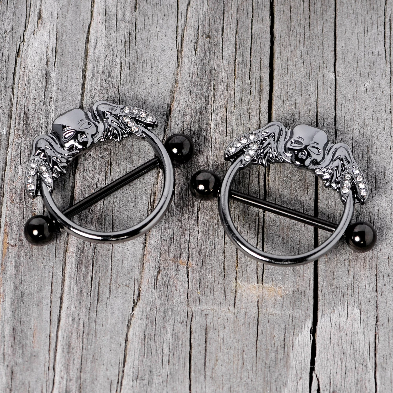 Gaby 14 Gauge 7/8 Clear Gem Black Winged Skull Halloween Nipple Shield Set 4 Gaby 14 Gauge 7/8 Clear Gem Black Winged Skull Halloween Nipple Shield Set - Image 4