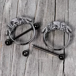Gaby 14 Gauge 7/8 Clear Gem Black Winged Skull Halloween Nipple Shield Set 11 Gaby 14 Gauge 7/8 Clear Gem Black Winged Skull Halloween Nipple Shield Set -Body Jewelry Store 68247 CL.otherimage3