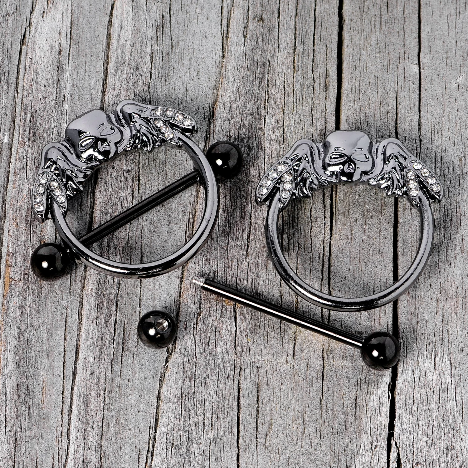 Gaby 14 Gauge 7/8 Clear Gem Black Winged Skull Halloween Nipple Shield Set 5 Gaby 14 Gauge 7/8 Clear Gem Black Winged Skull Halloween Nipple Shield Set - Image 5