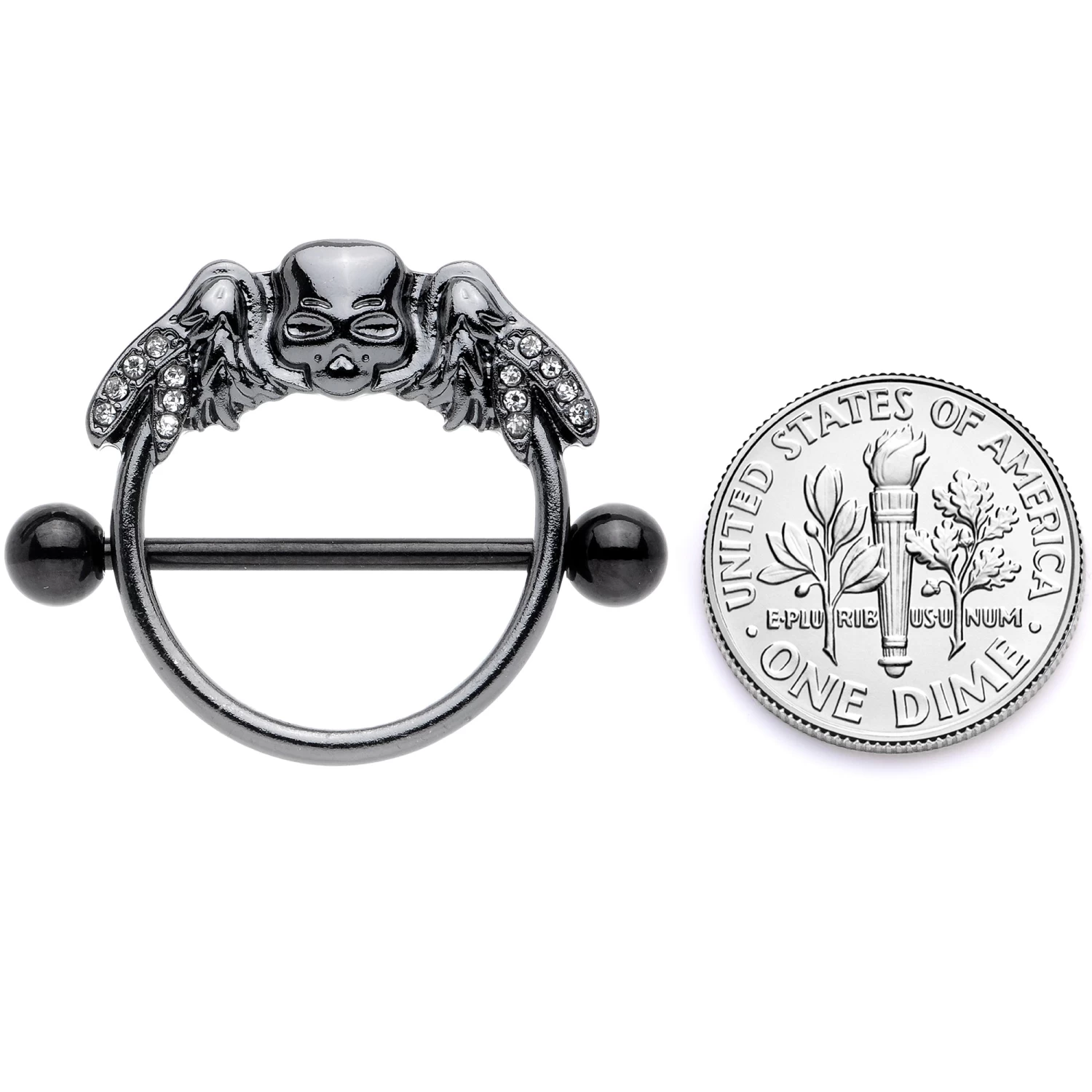 Gaby 14 Gauge 7/8 Clear Gem Black Winged Skull Halloween Nipple Shield Set 6 Gaby 14 Gauge 7/8 Clear Gem Black Winged Skull Halloween Nipple Shield Set - Image 6