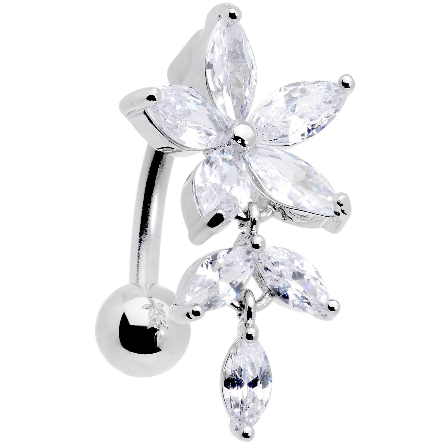 Clear CZ Gem Fashion Flower Dangle Top Mount Belly Ring 1 Clear CZ Gem Fashion Flower Dangle Top Mount Belly Ring