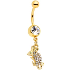 Clear Aqua Gem Gold Tone Mouse Dangle Belly Ring