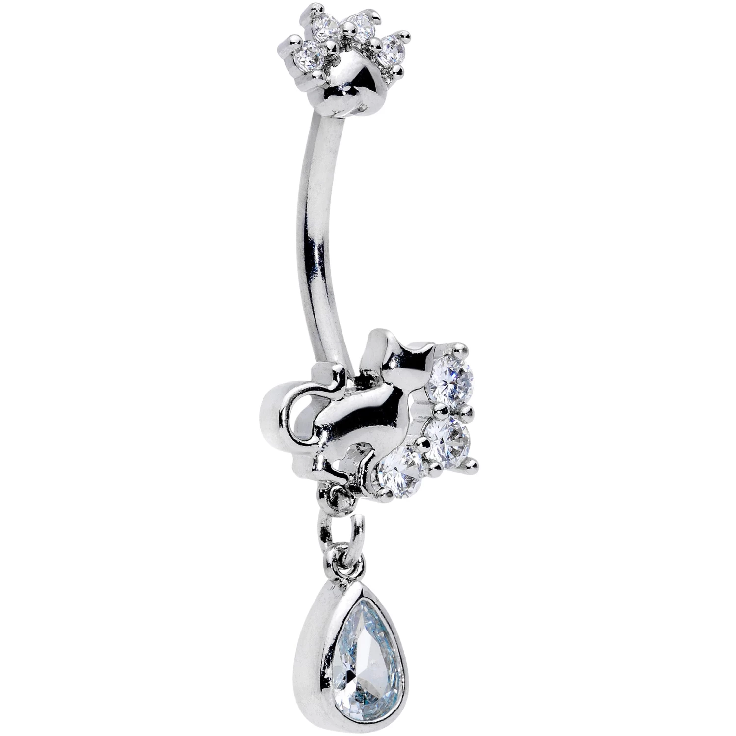 Clear CZ Gem Paw Print Cat Dangle Belly Ring 1 Clear CZ Gem Paw Print Cat Dangle Belly Ring