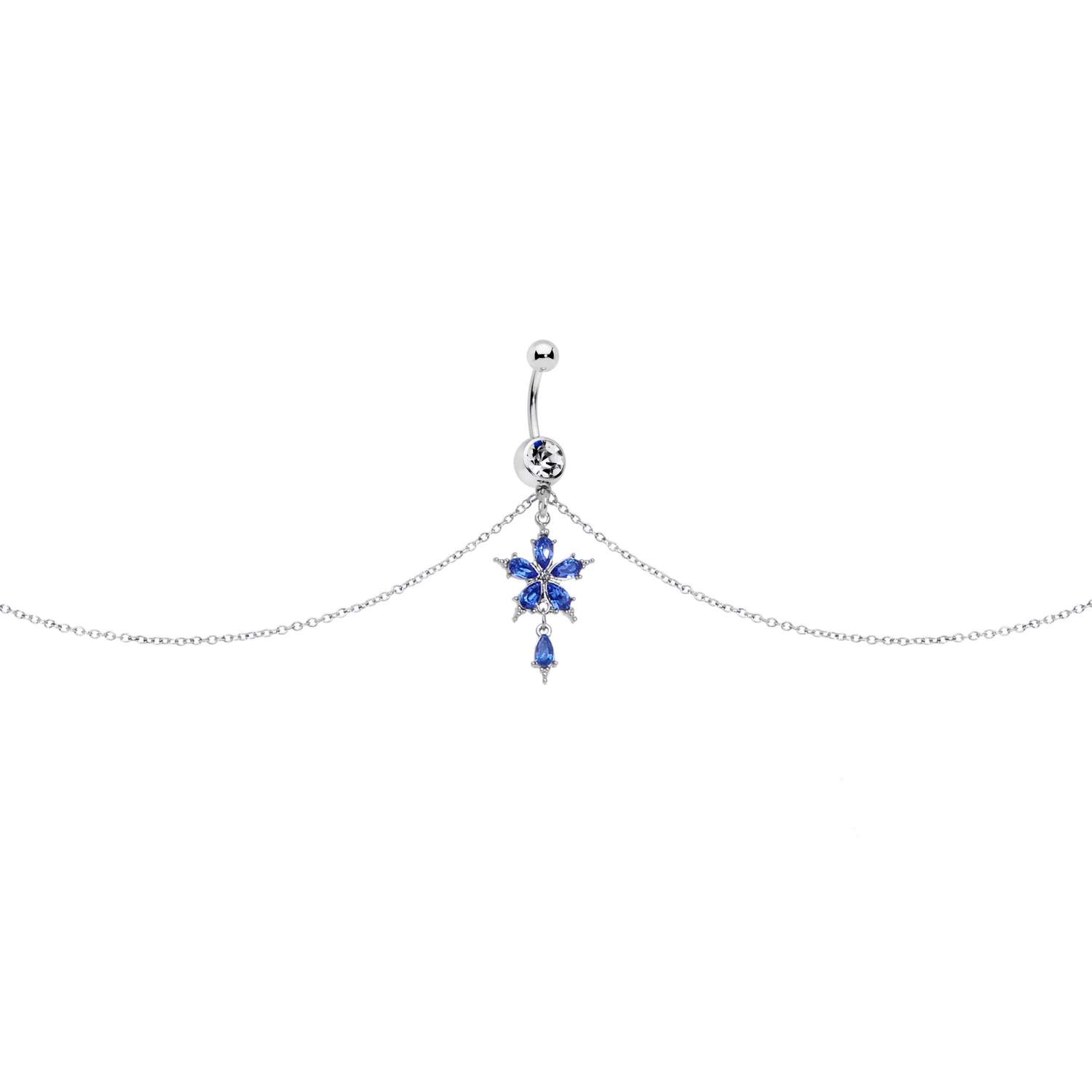 Blue Gem Tropic Flower Dangle Belly Ring Belly Chain 1 Blue Gem Tropic Flower Dangle Belly Ring Belly Chain