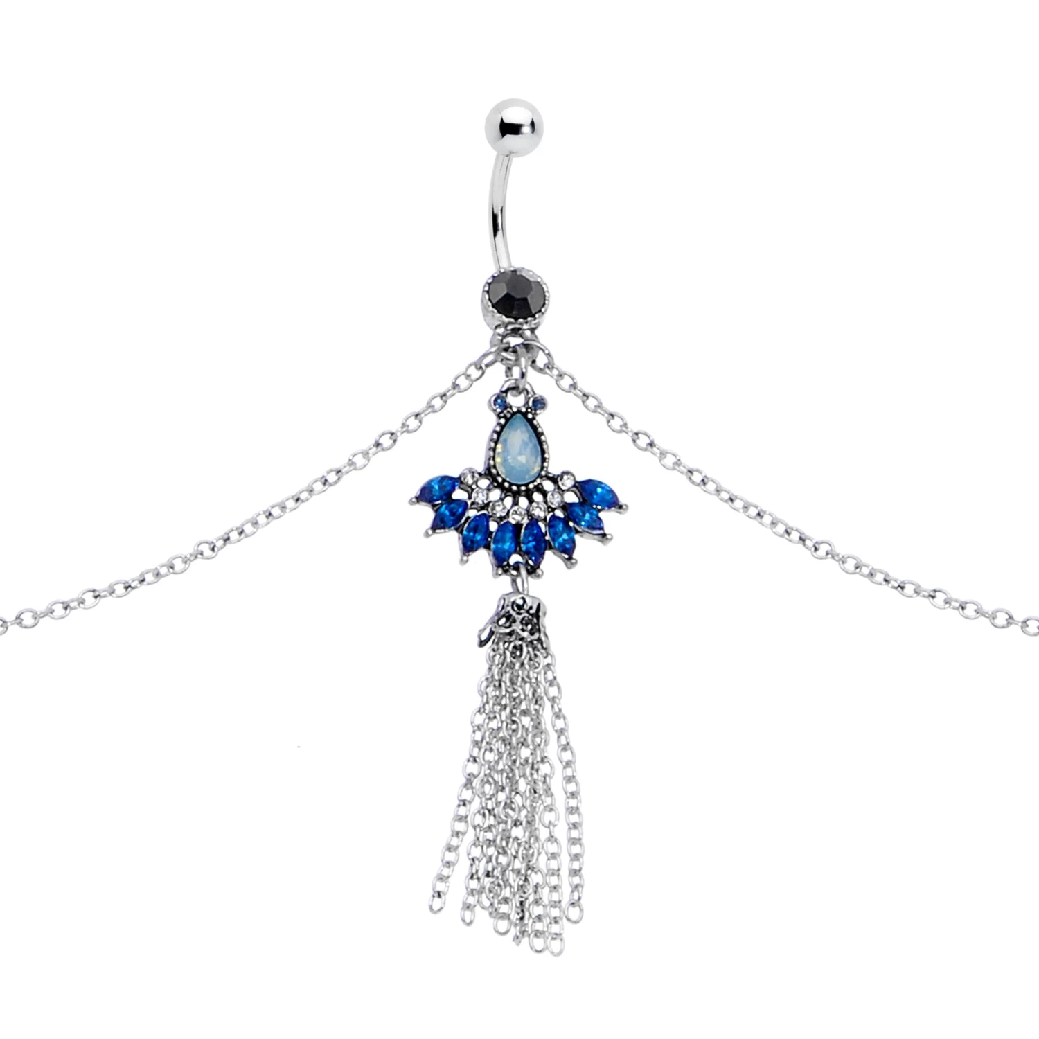 Clear Black Blue Gem Tropic Fan Dangle Belly Ring Belly Chain 2 Clear Black Blue Gem Tropic Fan Dangle Belly Ring Belly Chain - Image 2