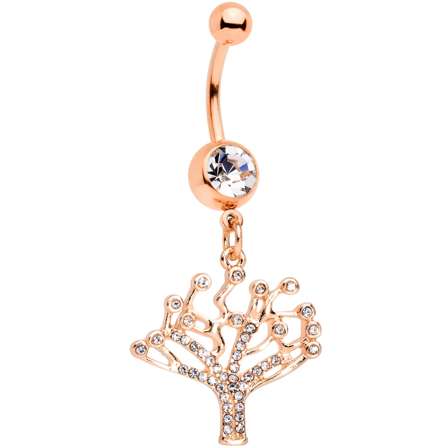 Clear CZ Gem Rose Gold Tone Angular Tree Of Life Dangle Belly Ring 1 Clear CZ Gem Rose Gold Tone Angular Tree Of Life Dangle Belly Ring